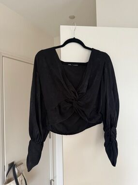 Zara Black Knot-Front Balloon Sleeve Blouse